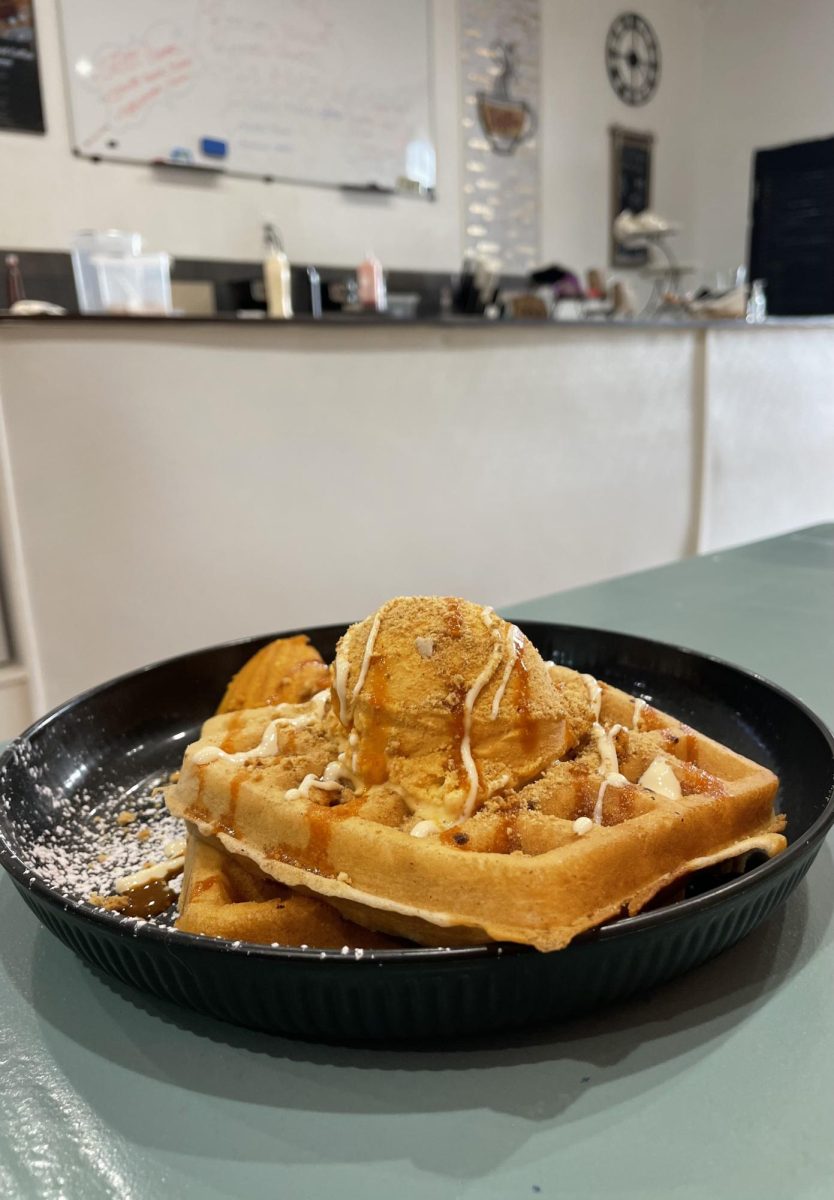 A fresh waffle from the Belgian Waffle Shop