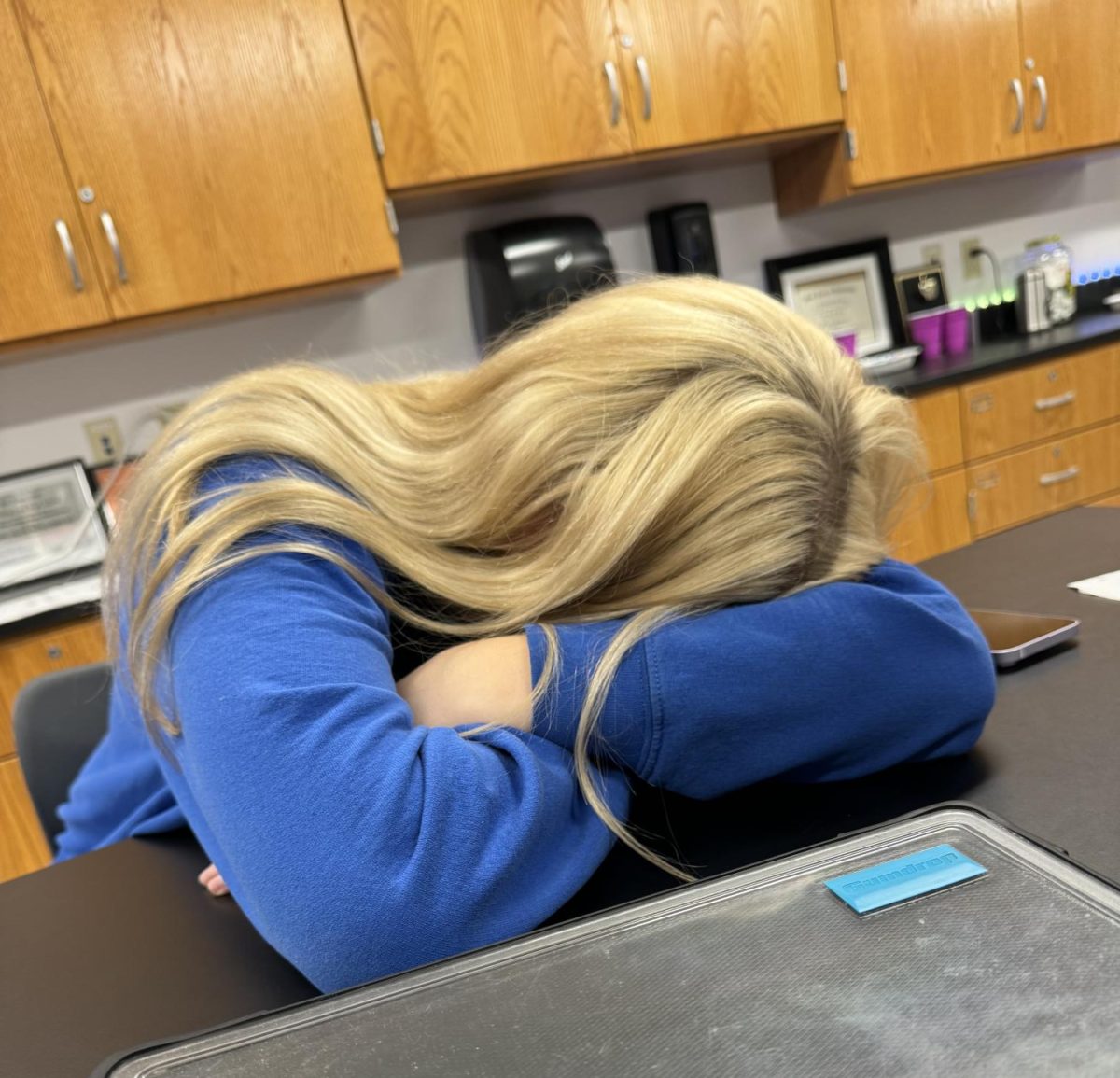 A student deep in slumber during her science class. 