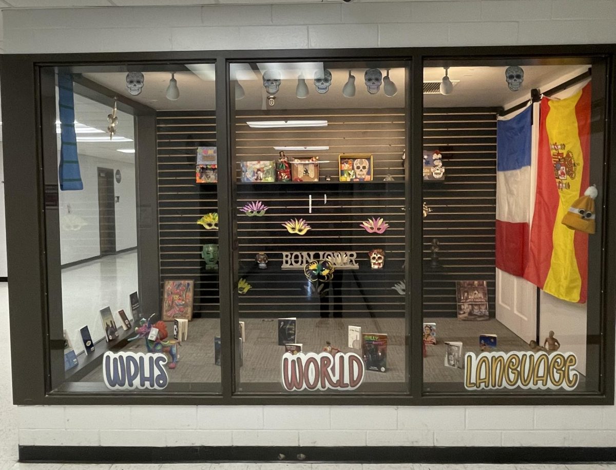 The north end trophy case display for World Languages Week