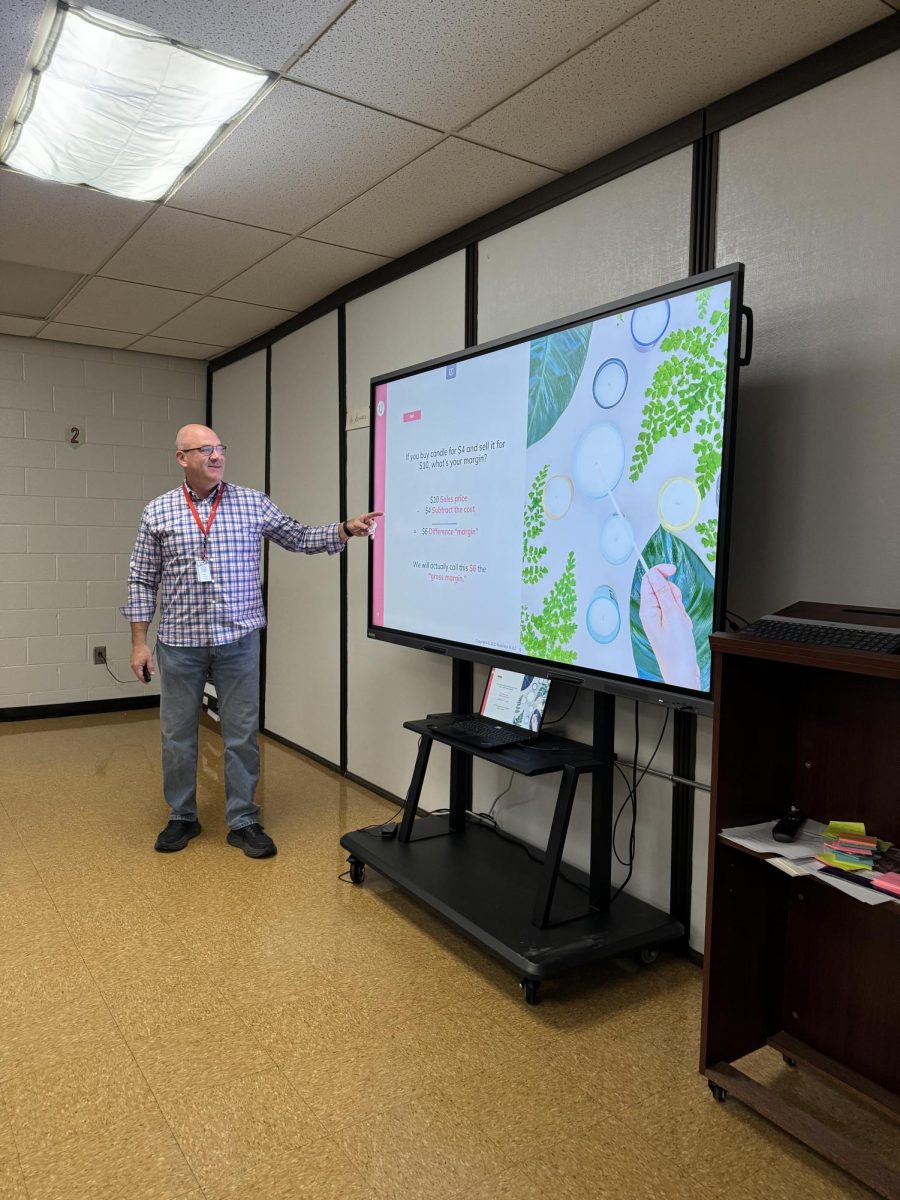 Mr. Michaels, teacher of Accounting 1, 2, Entrepreneurship, Business Finance, and Personal Finance, conducts his class in his room. 