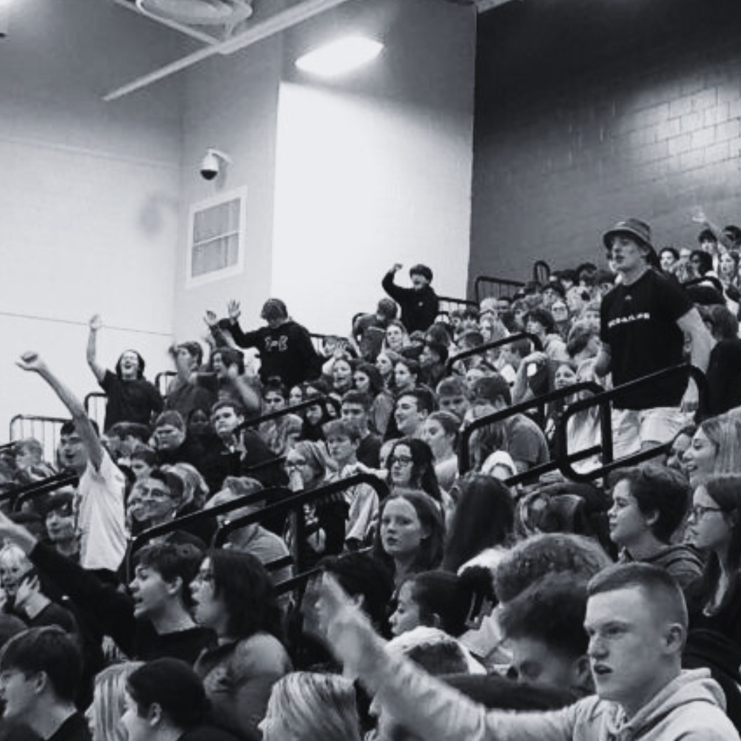 A lively student section celebrates the first pep rally of the year.