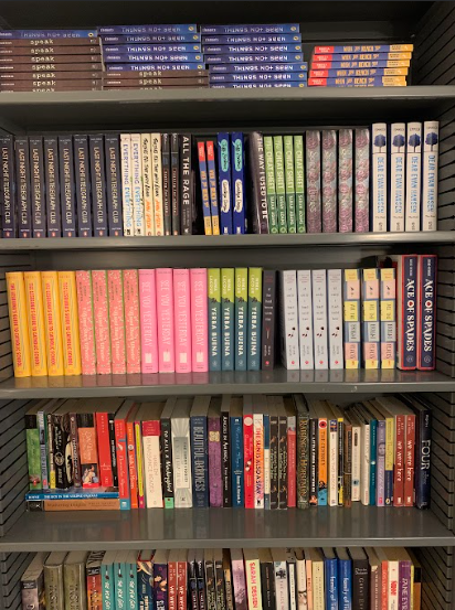 Books lined up on Mrs. Yost's bookshelf in her classroom.