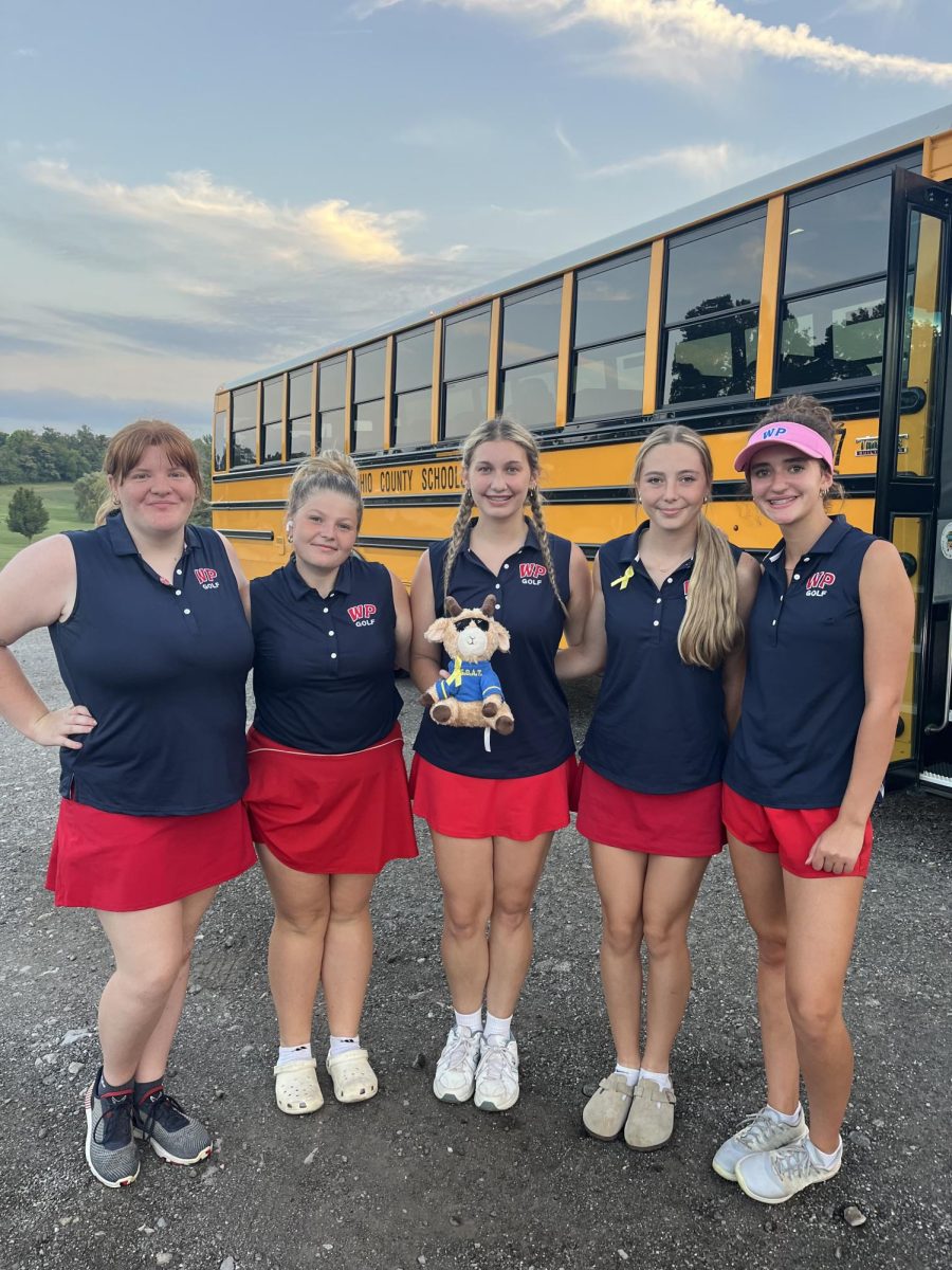 (left to right) Taylor Miller, Katelyn Maloney, Reagan Hughes, Abby Thomas, and Carter Kidd pose with the team goat.
Photo Courtesy of Ms. Goodrich